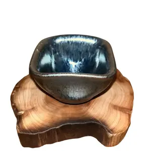 Bemy Square Shape Hundred Flower Oil Drip Jianzhan Teacup Set with Matching Saucer for Elegant Tea Drinking