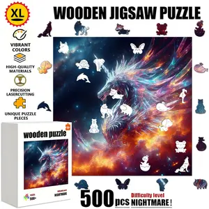 1 Box (500+ pieces) Wooden Puzzle Crystal Feather Unicorn Bath Flame Wooden Jigsaw Puzzle with Unique Irregular Shapes, Seamless and Tight Interlocking. It is a great gift choice for Christmas, Halloween, or housewarming