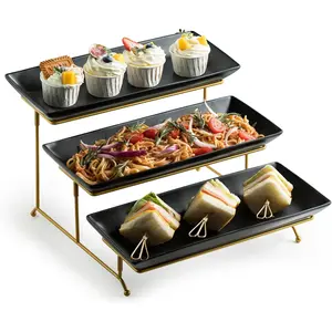 3 Tier Serving Tray Set, Tiered Serving Stand with Platters, Serving Dishes for Entertaining Halloween Christmas Party, Collapsible Sturdier Stand & 14 Inch Large Platters for Food Display