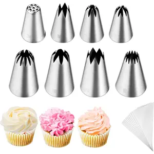 8 count Large Piping Tips Set,Stainless Steel Icing Tips with 10 Disposable Pastry Bags for Cake Decorating