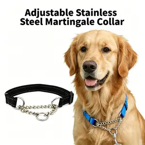 Adjustable Stainless Steel Martingale Collar, adjustable nylon webbing anti-pull pet leash P-chain dog collar