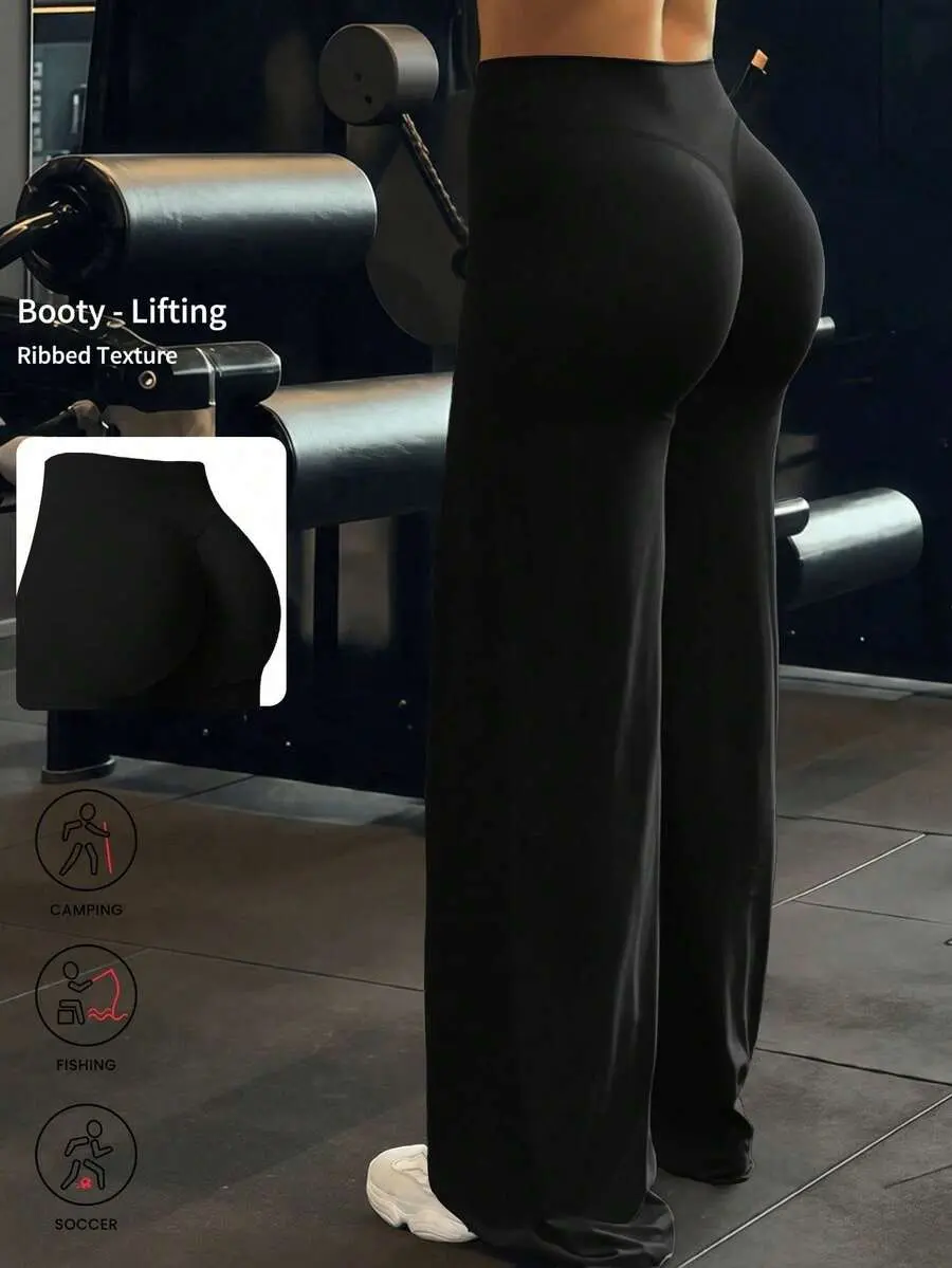 High Waist Booty Lifting Wide Leg Yoga Pants, V-Seam Scrunch Butt Flared Workout Leggings, 4-Way Stretch Skin-Friendly Casual Flare Pants For Gym