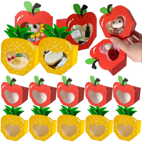20 Mini Gift Boxes with Window 3D Apple Pineapple Shaped Baking Box Paper Treat Box Container Dessert Pastry Candy Packaging for Summer Hawaiian Wedding Christmas Birthday Party Supplies