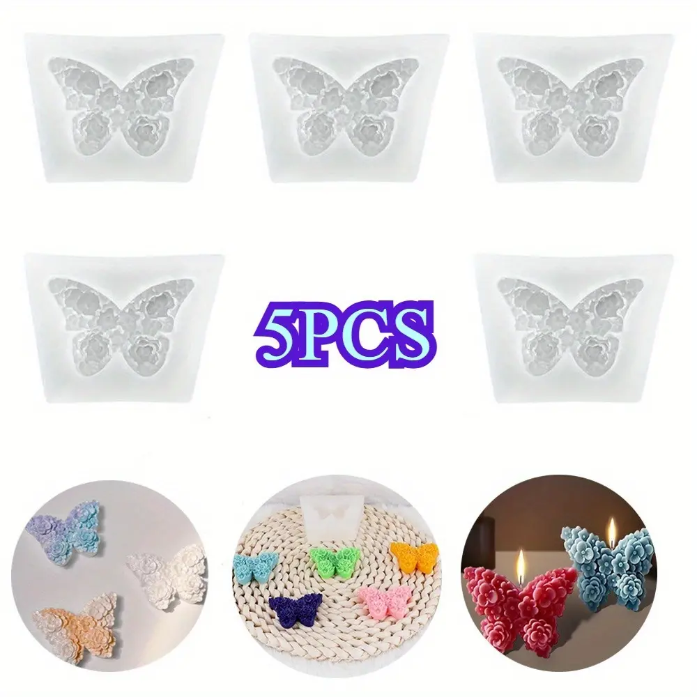 5PCS Flower Butterfly Silicone Molds Floral Epoxy Resin Molds 3D Butterfly Candle Molds Scented Plaster Soap Clay Wax Molds for DIY Crafts Candle Making