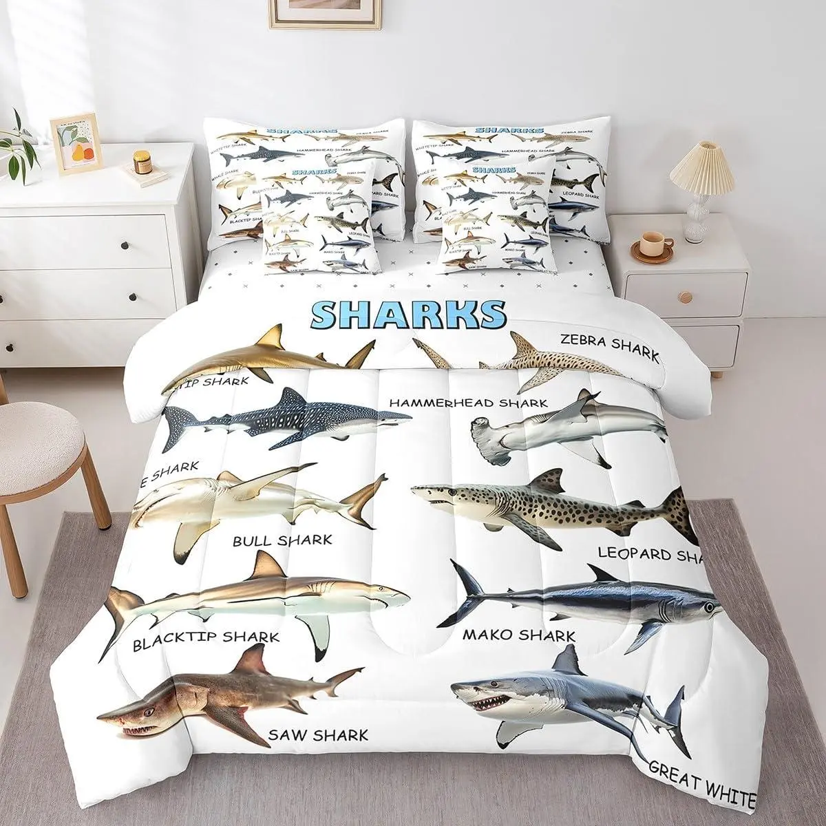 Shark 7 Pcs Bedding Setshark Animals Comforter Set,Ocean Sharks Bed in a Bag Modern Simple White Sheet Set with Comforter for Shark Lovers,Fishing and Hunting Theme Pillow Covers