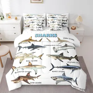 Shark 7 Pcs Bedding Setshark Animals Comforter Set,Ocean Sharks Bed in a Bag Modern Simple White Sheet Set with Comforter for Shark Lovers,Fishing and Hunting Theme Pillow Covers