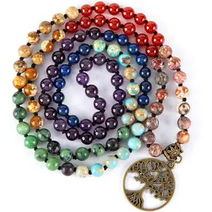 Bivei 7 Chakra 108 Mala Beads Bracelet Real Gemstone Yoga Meditation Hand Knotted Mala Prayer Bead Necklace