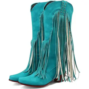 Women's Classic Mid-Calf Cowgirl Boots, Embroidered Accents, Fringe, Square Toe, Stacked Heel, Elegant Footwear, Design outdoorfun