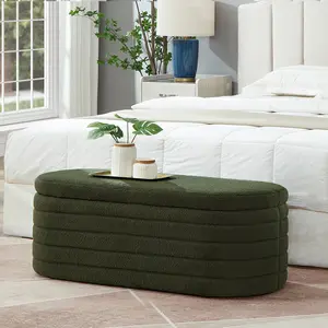 Modern Oval Storage Ottoman Bench Upholstered Boucle Teddy Fabric End of Bed Bench with Storage End of Bed Stool with Safety Hinge for Bedroom Living Room Entryway Dark Green