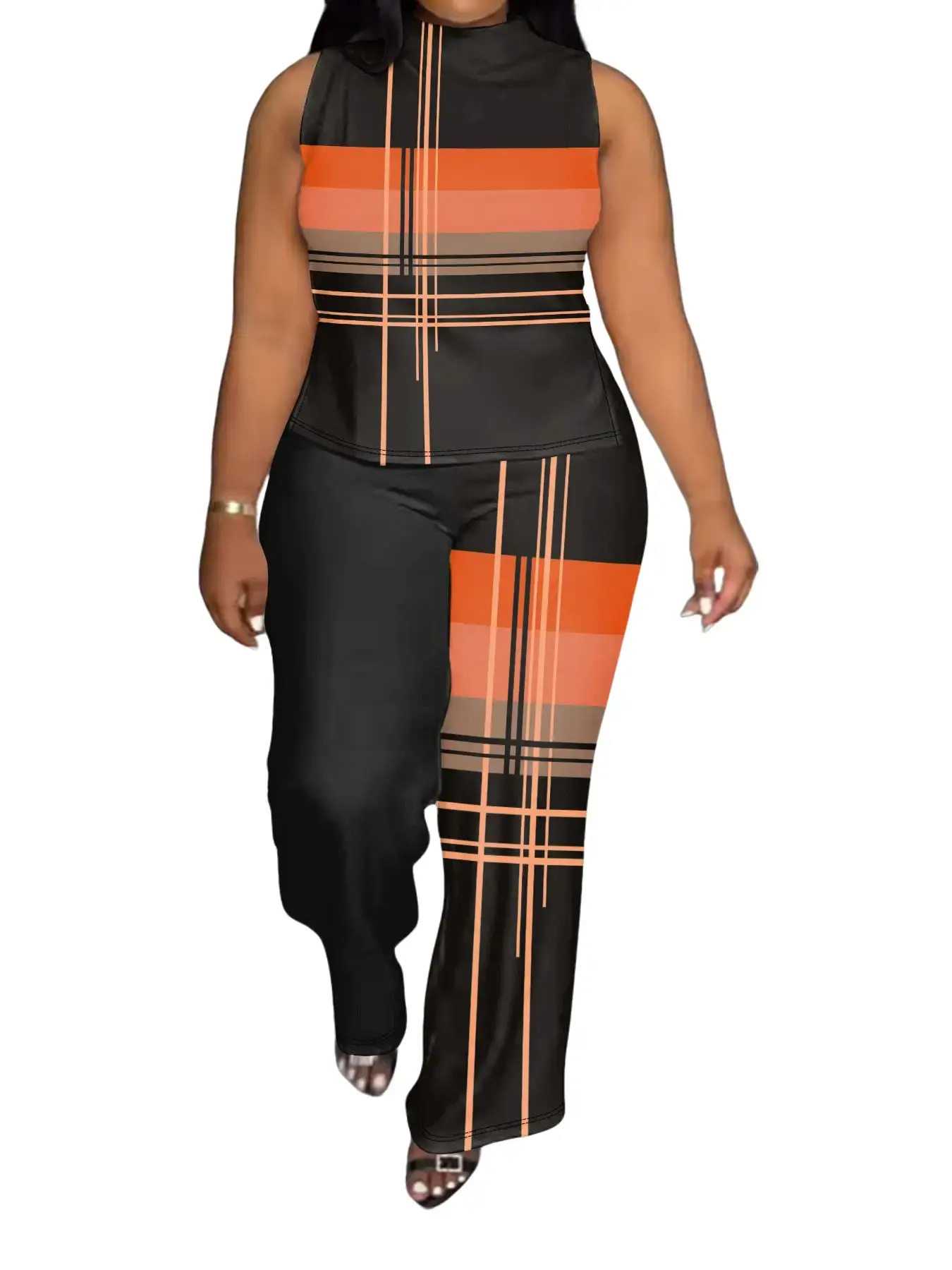 Women's Plus Size 2-Piece Striped Track Set - Sleeveless Mock Neck Top, Loose Wide-Leg Ankle-Length Pants, Print Design, Casual Sports Clothing for Everyday Style, Spring-Summer-Autumn Women's Clothes Plus Size Sets, 2 Piece Sets, Plussize