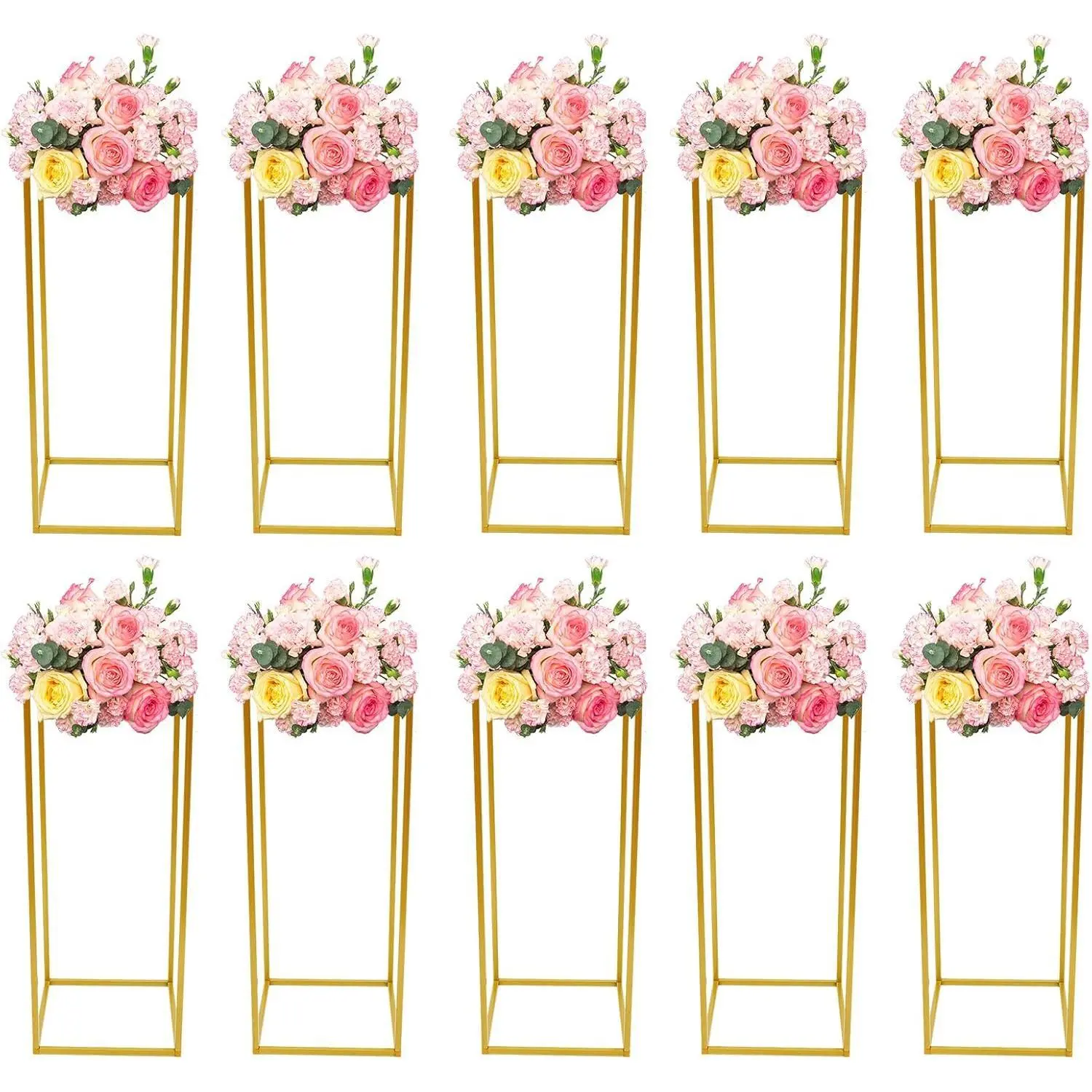 10 Pcs Wedding Planters, Table Centerpiece Flower Floor Planter, Flower Metal Floor Vase, 9.44x9.44x23.62 Inch Vase, Stand, Geometric Planter, Wedding, Party, Event Decoration, Gold Baking Plastic Rectangle Light Paint Wall