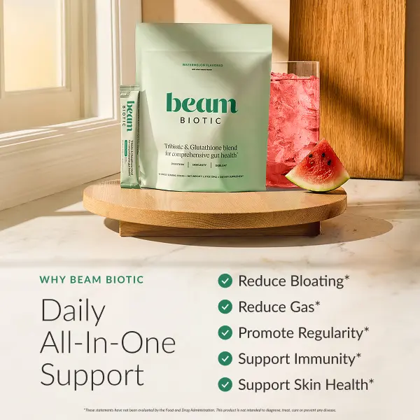 glutathione bloating Beam Biotic Superblend Gut Health Vitamins - 15 Servings Single-Serve Sticks, Dietary, Gluten-Free, Dairy-Free, Relief, Gut Support, Mixed Berry/Blue Raspberry/Citrus Lemonade Flavors, Pre+Pro+Postbiotics+ | Back to school b12 injections denver B-12 women's wellness Flavor:Strawberry