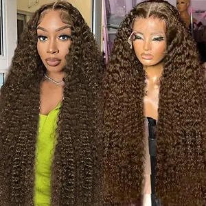 Chocolate Brown Deep Wave Lace Front Wigs Human Hair 180 Density 13x6 HD Lace Frontal Wig Curly Human Hair Pre Plucked Wig for Women Brown Glueless with Natural Hairline