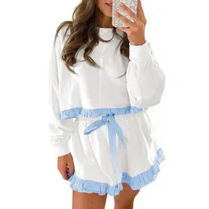 Women's Casual Striped Sweatshirt Set, Long Sleeve Ruffle Trim Top + Drawstring Waist Shorts, Loose Fit Home Wear