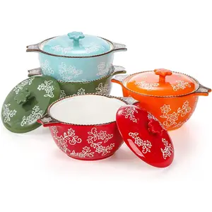 4-Pack 22oz Lead-Free Earthenware Soup Bowls - Narcissus Mini Cocotte Set with Lids, Double Handles, Nonstick Coating, Oven-Safe Cooking Pot, Portable Cooking Pot, Gift-Ready Kitchenware for Baking, Stews