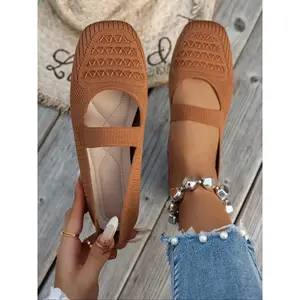 Women's Casual Soft Sole Square Toe Flat Shoes, Breathable Flats, Elastic Band Patchwork Design, Comfortable Walking Shoes for Indoor & Outdoor Use