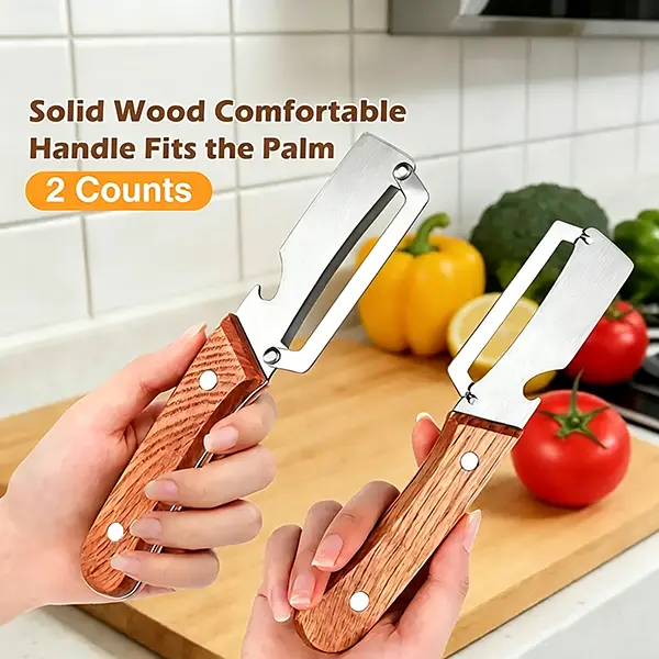 2pcs Stainless Steel Straight Blade Peeler with Wooden Ergonomic Non-Slip Handle, Built-In Bottle Opener, Peeling Fruits & Vegetables, Long-Lasting Construction for Daily Cooking Essential Kitchen Tool