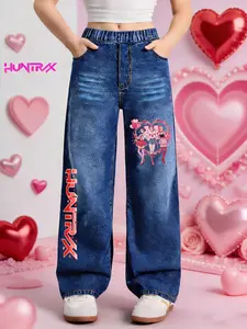 Girls' Valentine's Day Kpop Hunter Girl Jeans, Cartoon Print Denim Jeans, Casual Fitted Style, Ages 7-12, Trendy Girls' Clothing, Cartoon Print Pants