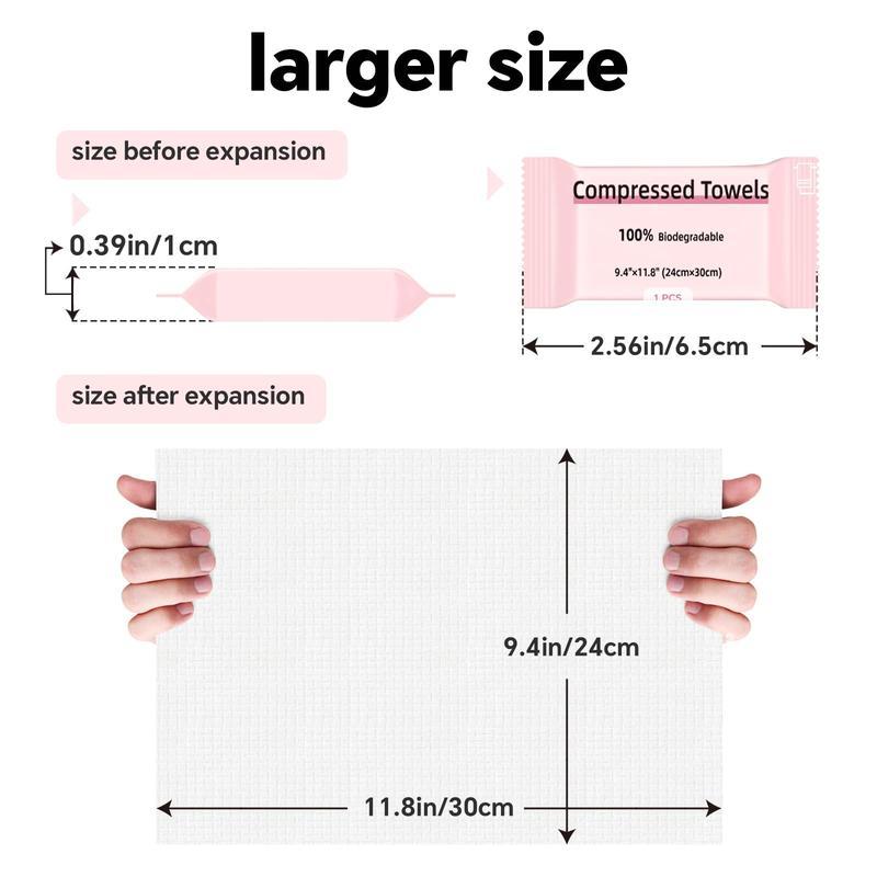 Disposable compressed towel tablets — portable, compact face towels suitable for home use, camping, hiking, travel, picnics, and gym workouts. Ideal for on-the-go hand cleansing, facial cleansing, and makeup removal. 1 pack, 30 count, size 9.4″ × 11.8″.