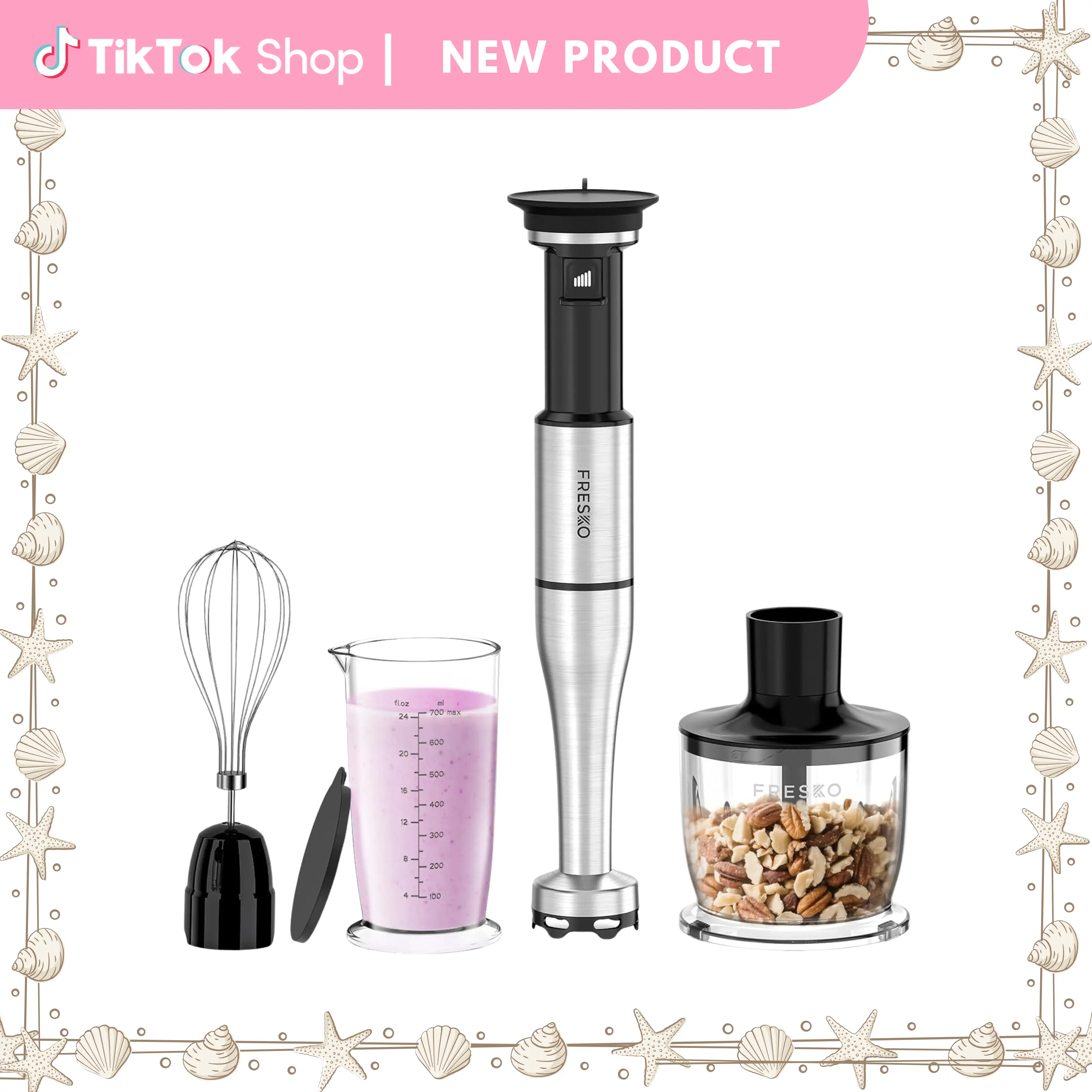 FRESKO Portable Multi-Function Immersion Blender, Adjustable & Variable Speeds Trigger, 4-In-1 Stainless Steel Hand Blender with Food Chopper, Egg Whisk & 24oz Beaker for Baby Food, Soups, Chop & Whisk, Adjustable Speed