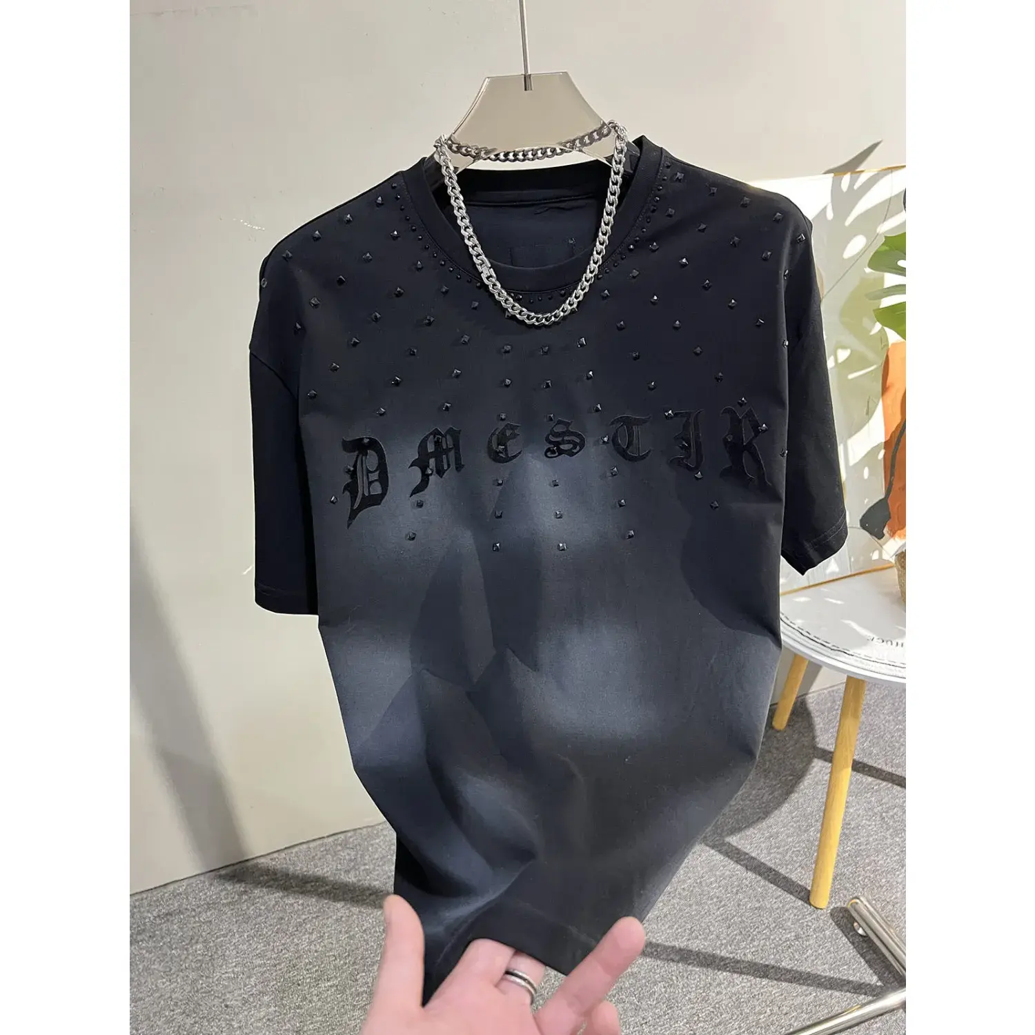 Heavy Rhinestone Men's Base Layer Half Sleeve Fashion Light Luxury Trendy Brand Crew Neck Short Sleeve T-Shirt Men's Top