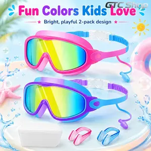 2 Pack Boys Girls Colorful Kids Swim Goggles Anti Fog UV400 Protection Leakproof Soft Silicone Eyewear Full Swim Accessories With Nose Clip Earplugs Adjustable Comfort Fit Perfect For Pool Beach Water Park Outdoor Water Sports Casual Swimming Playtime