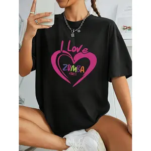 Women's I Love Zumba Graphic Print Short Sleeve T-Shirt - 100% Cotton Loose Fit Casual Sport Top, Breathable 180gsm Fabric for Gym, Daily Wear & Outdoor Activities, Machine Washable