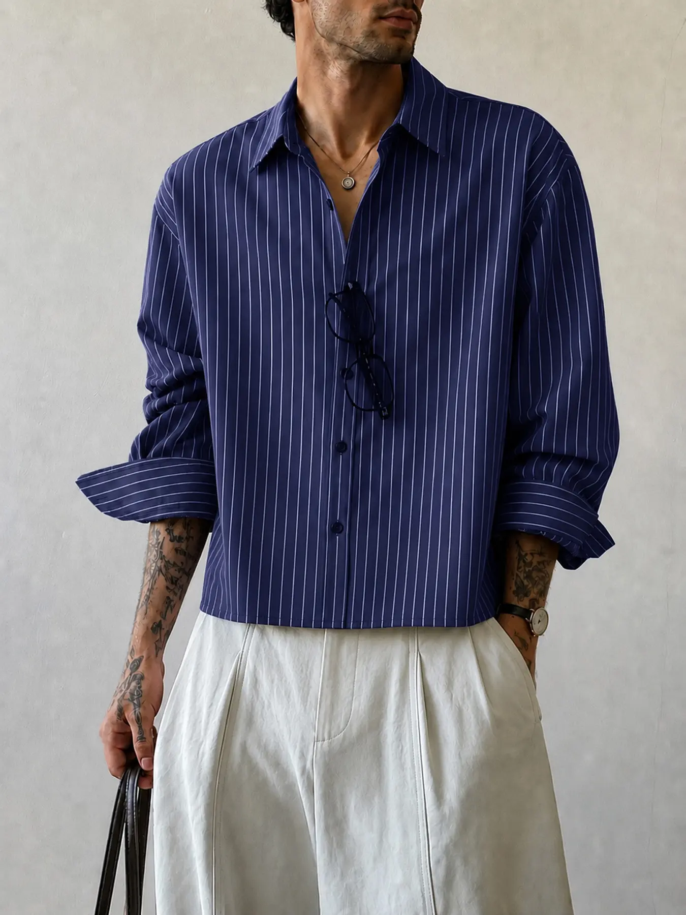 Men's Cropped Pinstripe Button-Up Shirt for Summer Night Out, Relaxed Long Sleeve Short Length Shirt, Oversized Shirt Alternative