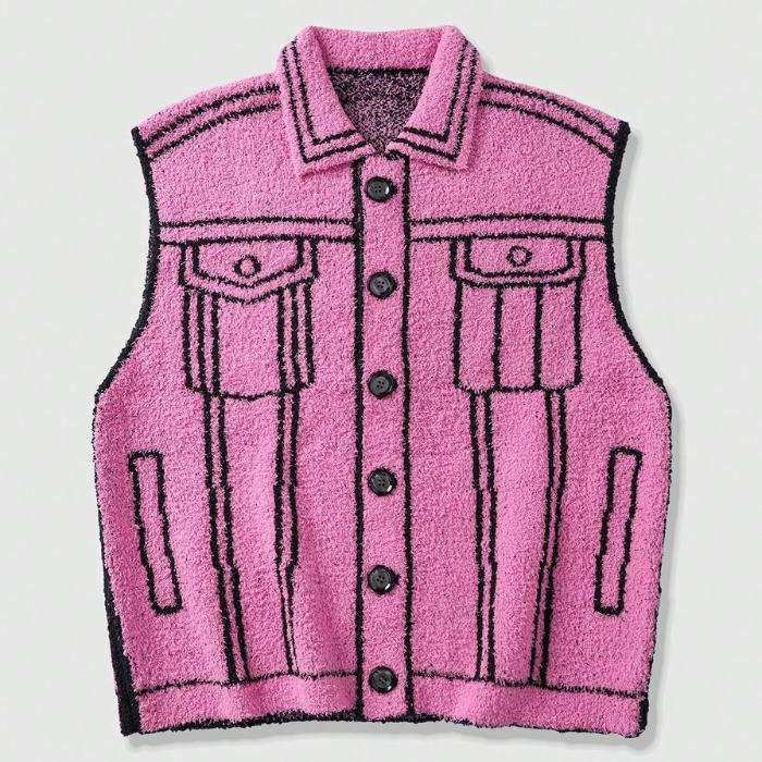 HYPESTFIT 2D Cartoon Style Graphic Vest Men's Aesthetic Streetwear Outline Gilet Trendy Fleece Sleeveless Jacket Menswear Tops for Casual Outings