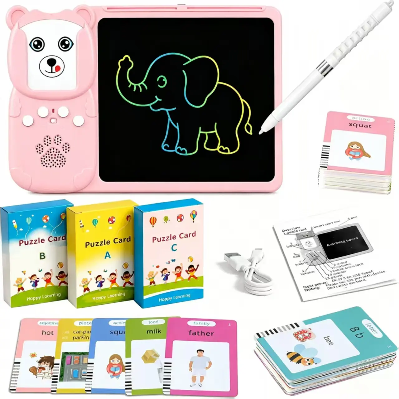 KidGenius Pink Bear Bilingual Flashcard Tablet, Talking Electronic Language Learning Toy with LCD Drawing Pad, 255 Cards/510 Words Preschool Educational Tool for Kids 3-7, Great Halloween & Back to School Present for Young Learners