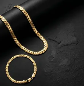 Luxury 18K Gold Plated Miami Cuban Link Chain Set for Men, Heavy Flat Curb Necklace with Matching Bracelet, Tarnish-Resistant Hip Hop Streetwear Jewelry, Perfect Gift for Him