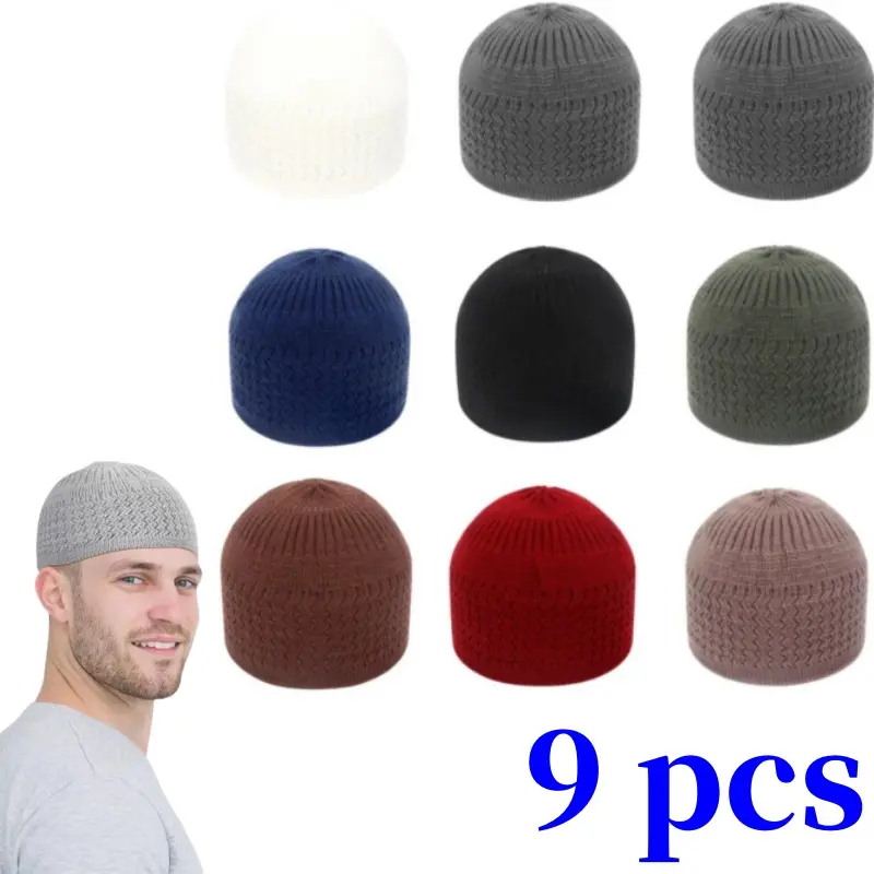 Unisex Hand-Crocheted Brimless Hats (9 Pcs) - 7.9 Inches Diameter, Mixed Fabric, Breathable Hollow-Out Design, Multiple Colors, Suitable for Muslim Prayer, Traveling, Hiking, Hunting, Gifting