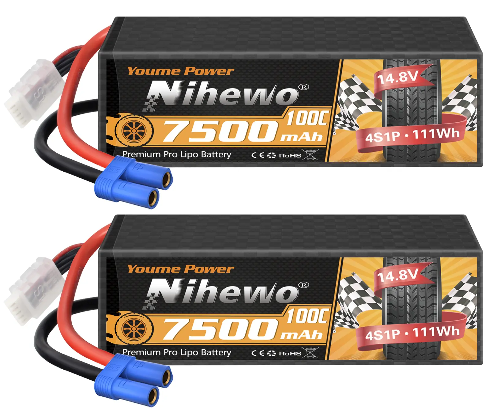2Packs 4S Lipo Battery, 14.8V 7500mAh Lipo Batteries Hardcase 100C EC5 Plug Compatible with 1/5 1/6 1/7 1/8 Scale RC Car Truck Truggy Vehicles Tank Boat Airplane Models