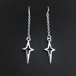 Silver Hollow Starburst Chain Drop Earrings