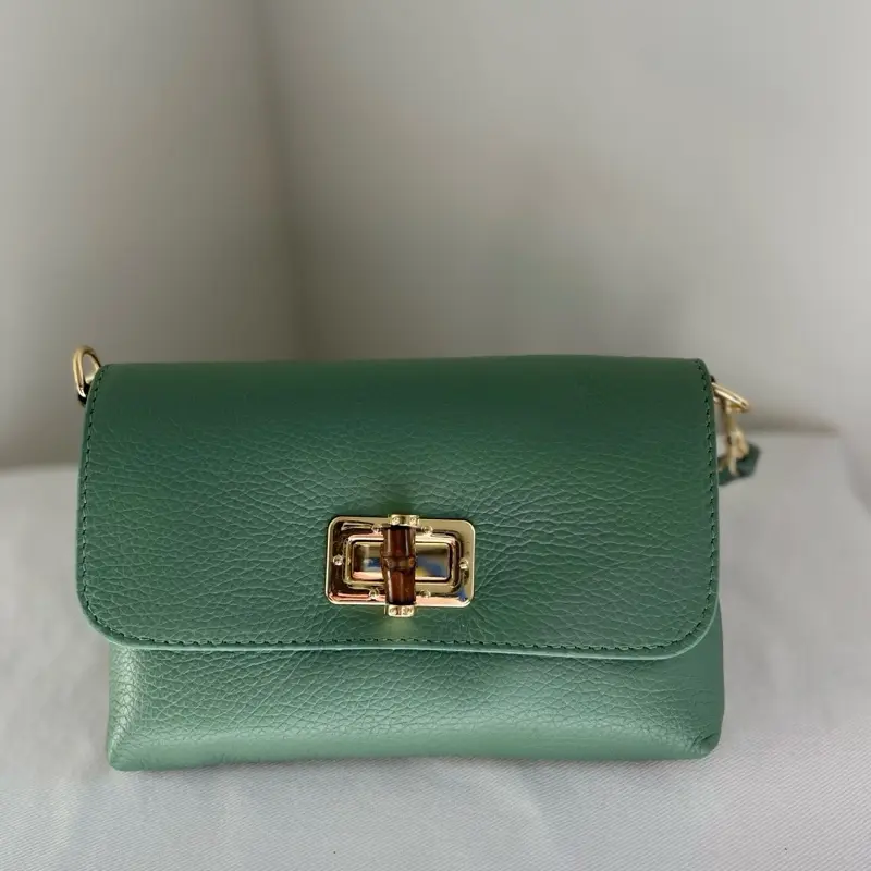 Mini Crossbody Bag - Green Leather with Gold Clasp, Compact Design, Ideal for Everyday Use