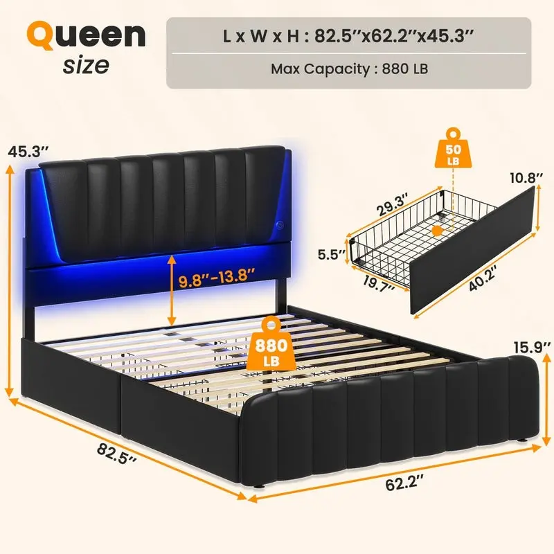 Queen Bed with 4 Drawers - Black