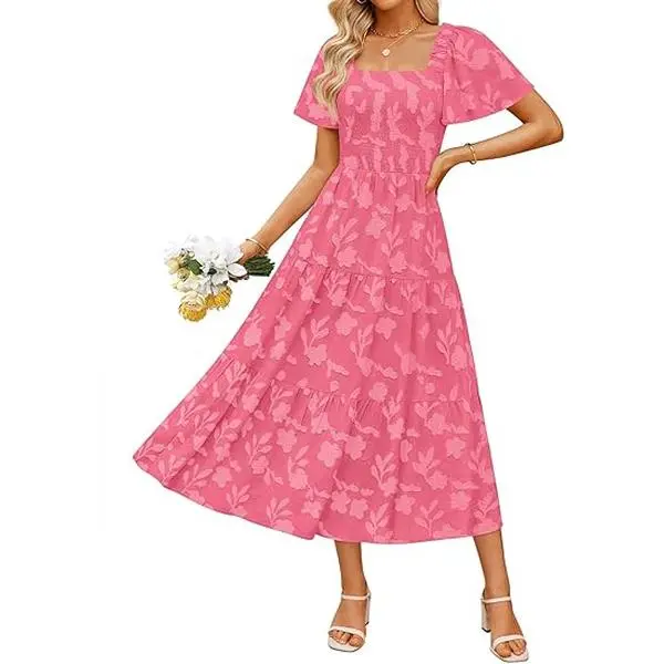 ZESICA Women's 2026 Boho Floral Short-Sleeve Square Neck Midi Dress - Casual, Flowy Sun Dress for Beach Vacation, Party, Wedding