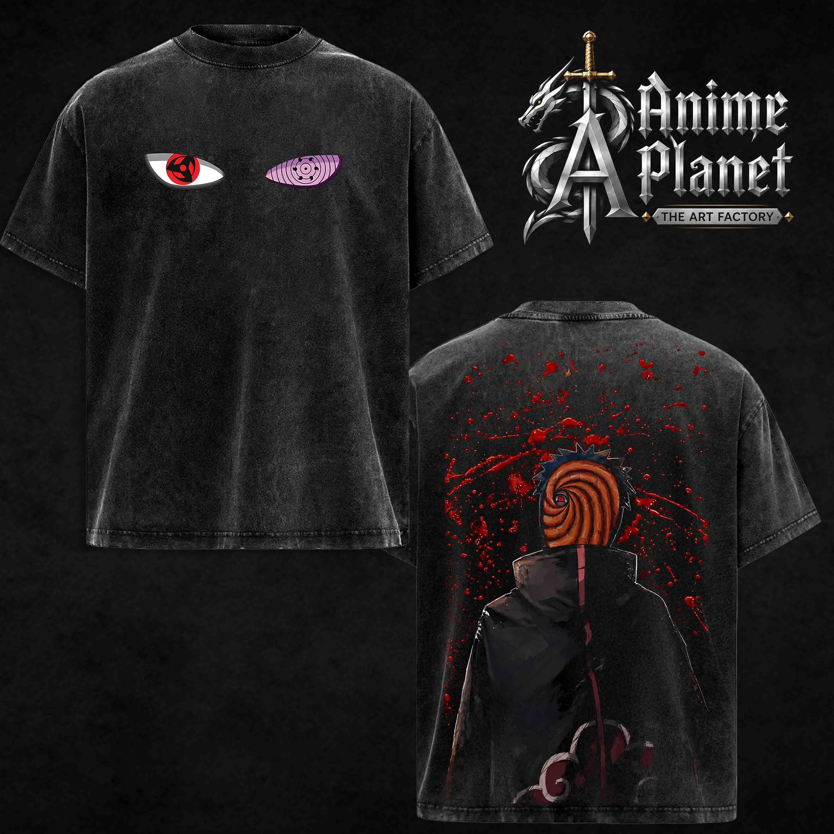 [ Anime Planet ] Retro Heavy Limited Uchiha Obito Akatsuki Clan Anime Double Printed Vintage Washed Tee Unisex Oversize Manga Heavyweight Cotton T-shirt
