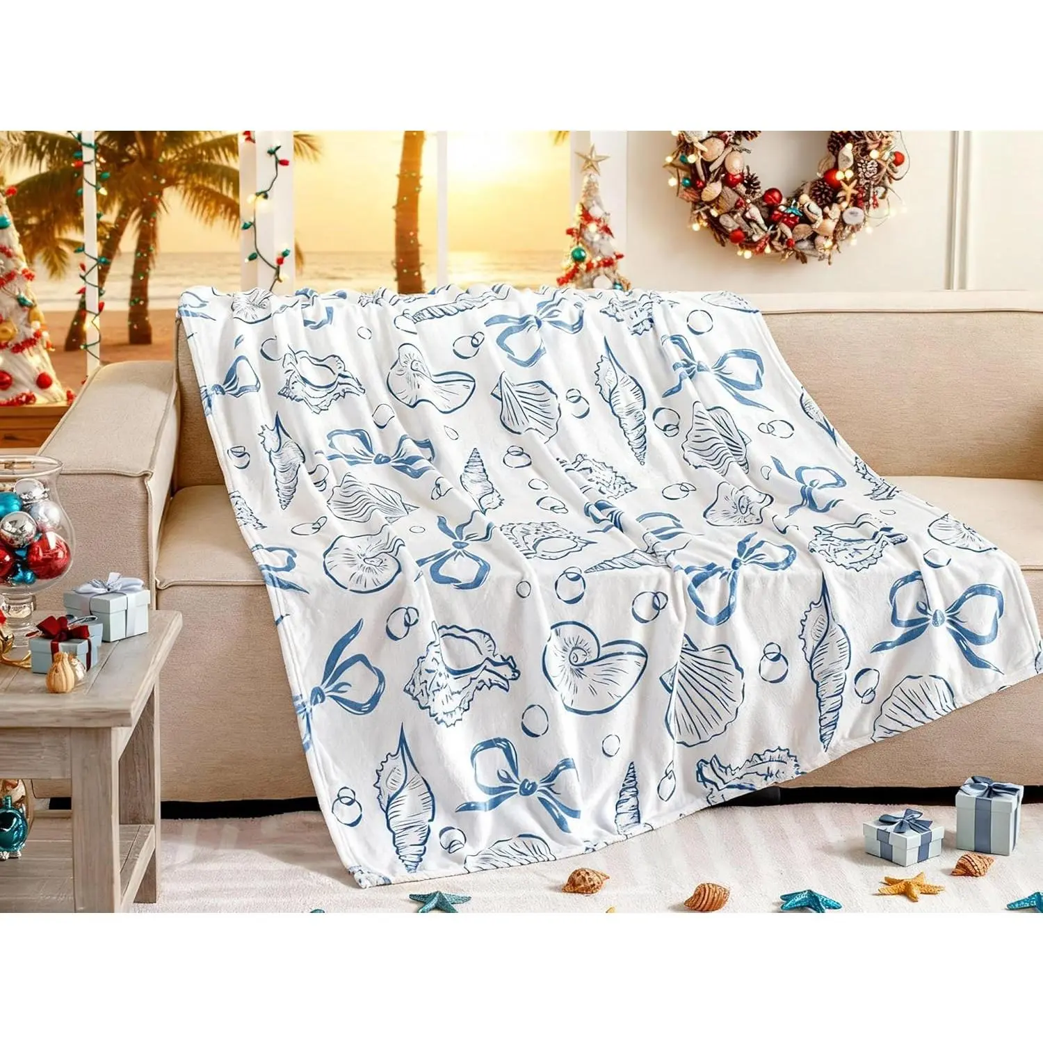 Flannel Blanket | Seashell Coquette Bow Blue Coastal Soft Flannel Throw Blanket, Ocean Beach Themed Christmas Gifts For Women, Lightweight Warm Room Decor For Bed Couch Dorm Car Office Travel | Home & Gift