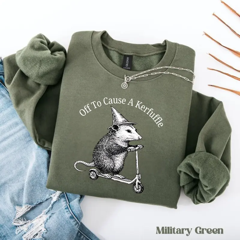Off To Cause A Kerfuffle Sweatshirt, Funny Opossum Scooter Sweater, Mental Health Tee, Sarcastic Humor Shirt, Animal Lover Gift