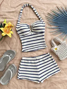 Women's Vacation Striped Backless Crop Top and Shorts Set, Casual Two-Piece for Parties, Holidays, Beach, Fashionable Summer Wear