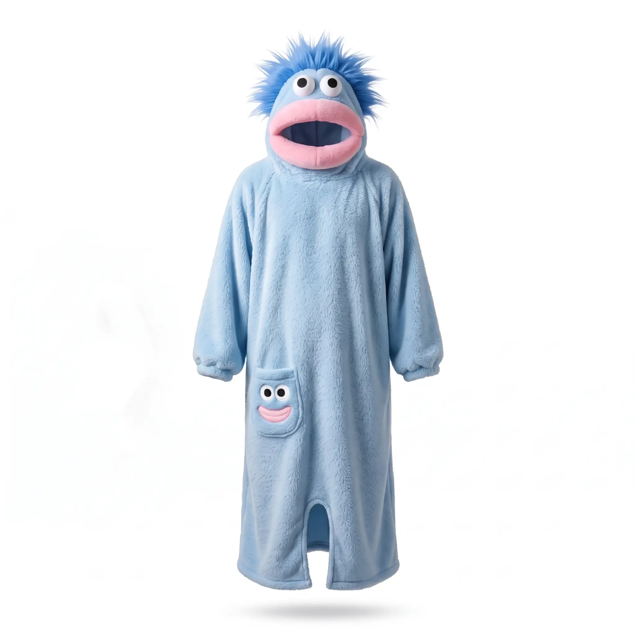 Cute Light Blue Big Mouth Monster Sherpa Fleece Hooded Onesie, Oversized Wearable Blanket Robe with Puppet Pocket, Unisex Funny Halloween Cosplay & Holiday Gift