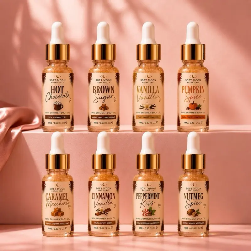 Fall Mini Shimmer Body Oil | Hydrating Long Lasting Body Glow Oil Collection | Vanilla, Pumpkin Spice, Hot Chocolate, Caramel Macchiato| Lightweight Nourishing Botanicals Moisturizing Body Oil | Soft Skin Glow | Fall Beauty Gift| Gift for Her | Non sticky
