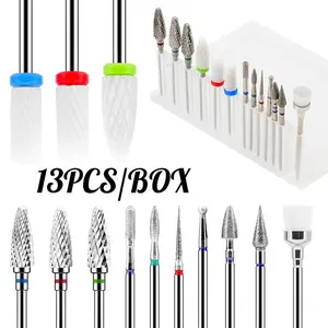 13pcs Professional Nail Drill Bits Set, Tungsten Steel & Ceramic Diamonds, Coarse/medium/fine Grits for Dead Skin Remover