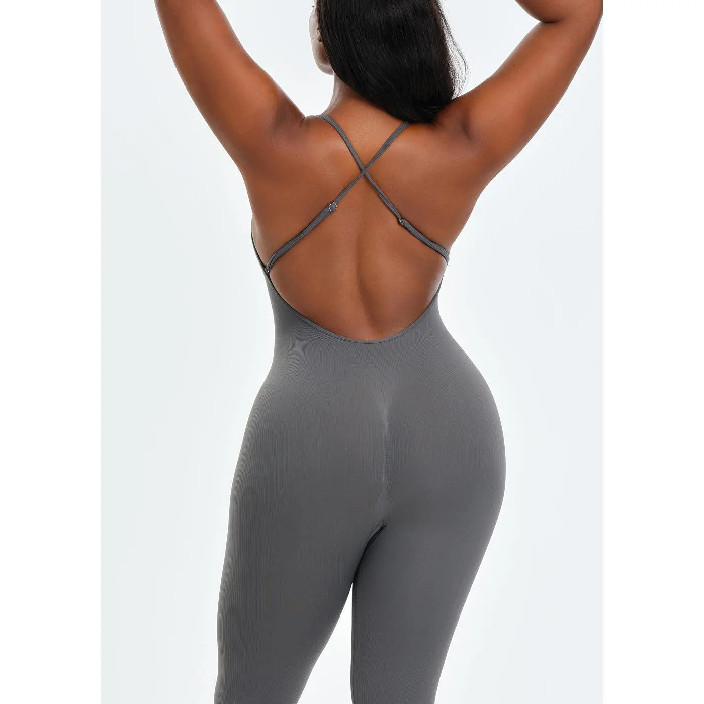 Women's Snatched Shapewear Knit Backless Jumpsuit, Tummy Control Solid Color Open-Back Sports Jumpsuit