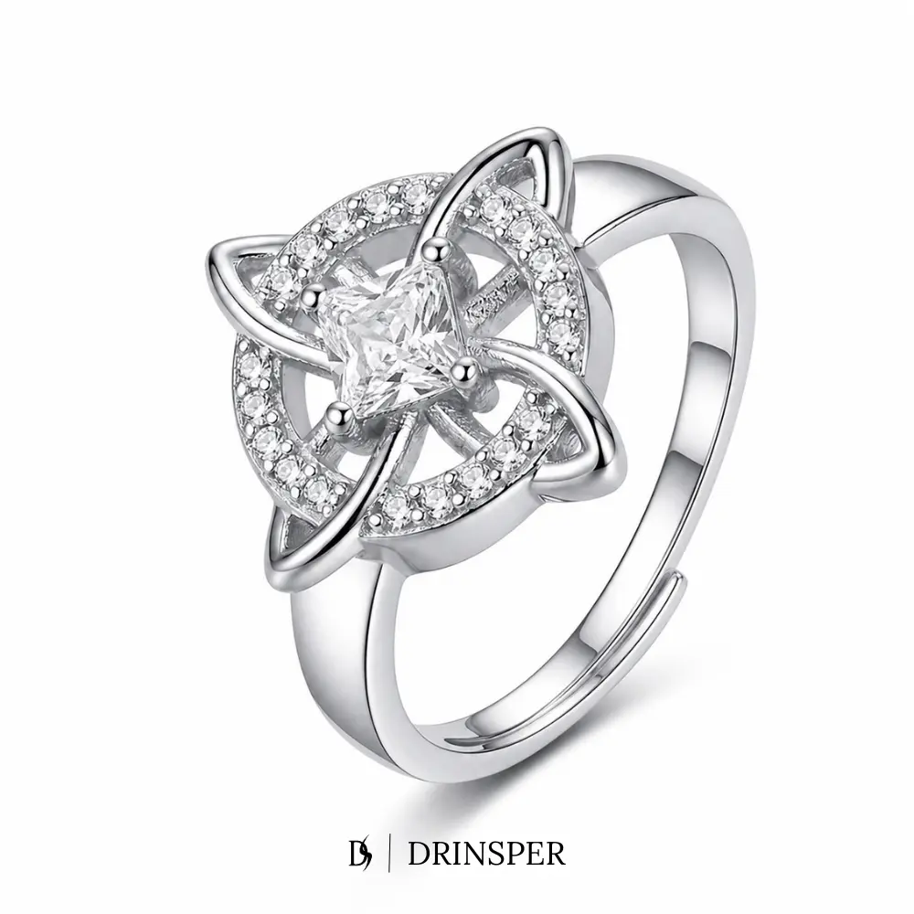 DRINSPER Witches Knot Ring, Hecate Witch's Knot Adjustable Open Band Silver Plated Copper Ring with Cubic Zirconia, Witchy Style Celtic Knot Fashion Jewelry, Trending Gift for Women, Pendant Necklace Inspired Design Look