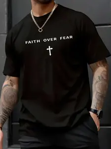 100% Cotton Unisex Faith Over Fear Christian Minimalist Jesus Christ Cross T-Shirt,spring/autumn Christmas snowflake fun pattern men's T-shirt
