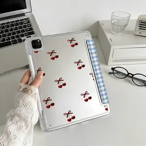 Cute Coquette Aesthetic Red Cherry Brown Bow Print Blue Gingham Clear Tablet Case for Pencil Holder (No Pen Included), Auto Wake/Sleep Tablet Protective Cover with iPad 10th 11th 9th Mini Air 4th 8/7/6/5th for iPad Pro Generation Case, Trendy Cherry