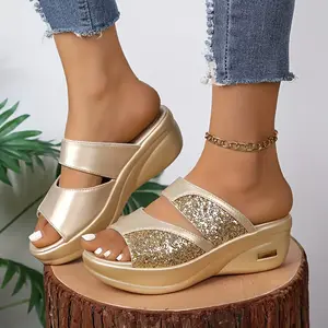 (New)Women's Glitter Sequin Slide Sandals - Red Open-Toe Thick Sole Casual Shoes for Summer, Perfect for Festivals and Music Events, Ladies Sandals