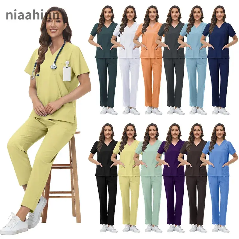 New styleWholesale Pharmacy Work Suit Hospital Pet Grooming Working Clothes Scrub Tops Pant Nurse Doctor Surgical Uniform Scrub Set